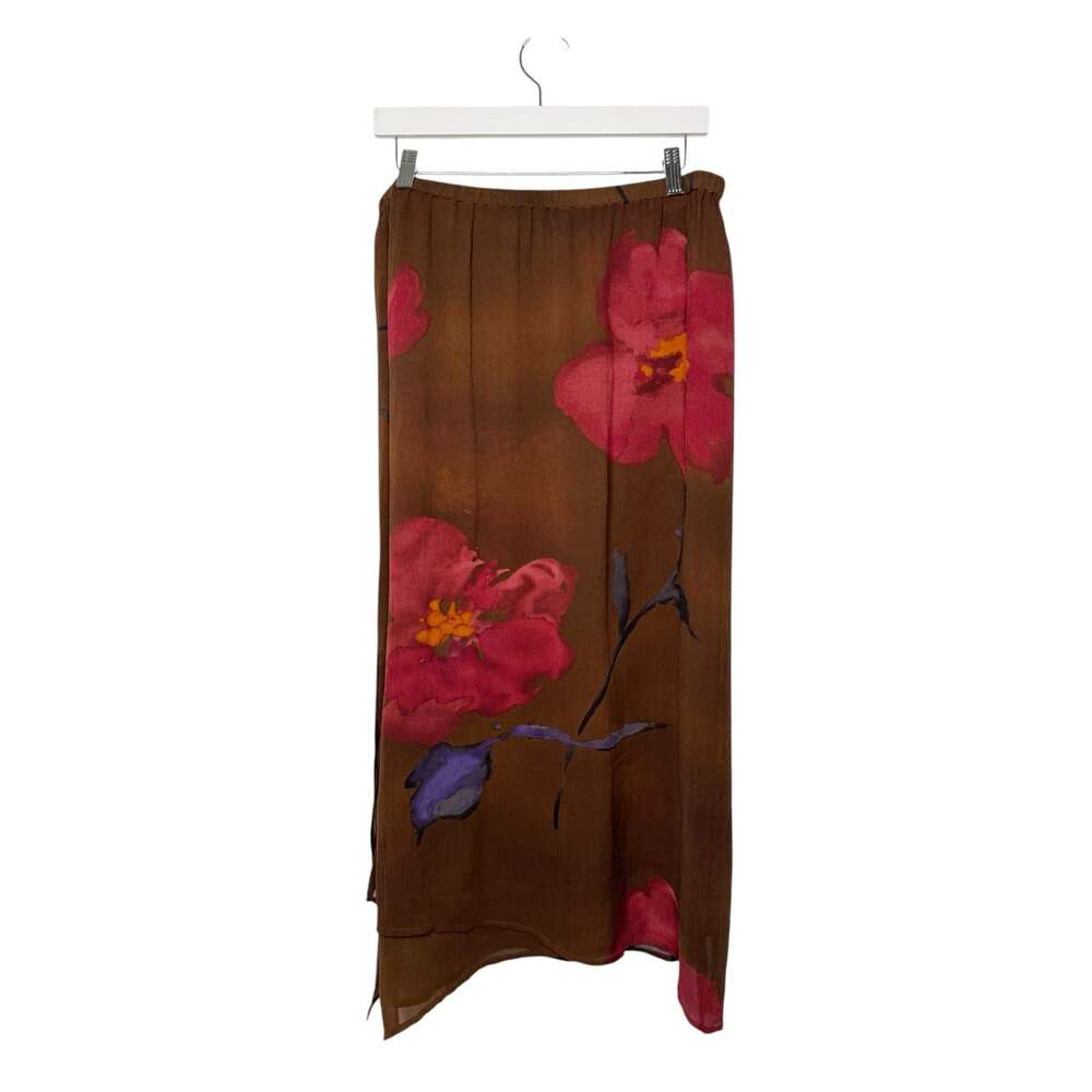 Chico's Design Vintage 90s 100% Silk Brown Floral Asymmetrical Midi Skirt SZ  3